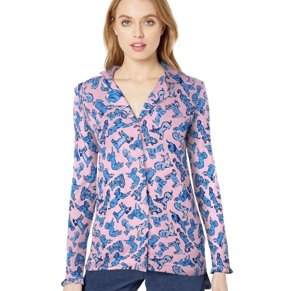 Lilly Pulitzer Ruffle Pajama Button-Up Top Zanzibar Blue Ruff Night XXS